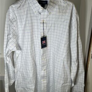 Men's White Button-Down Shirt with Light Blue Windowpane